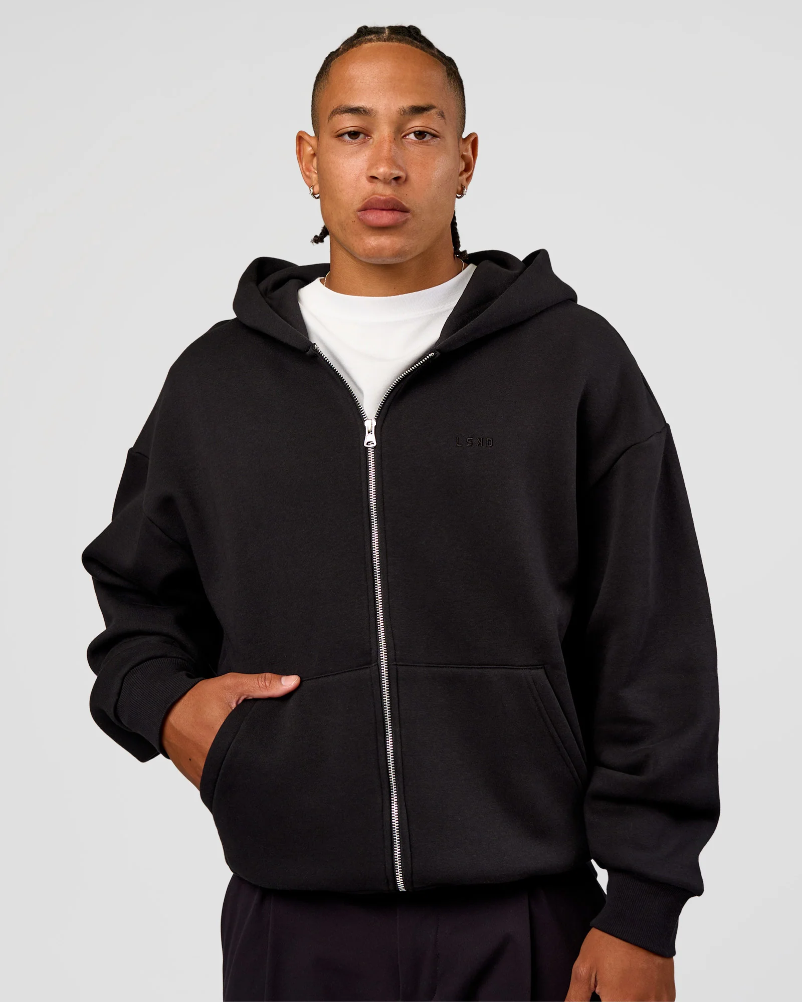 Base Zip Through Oversized Hoodie - Black - Image 2
