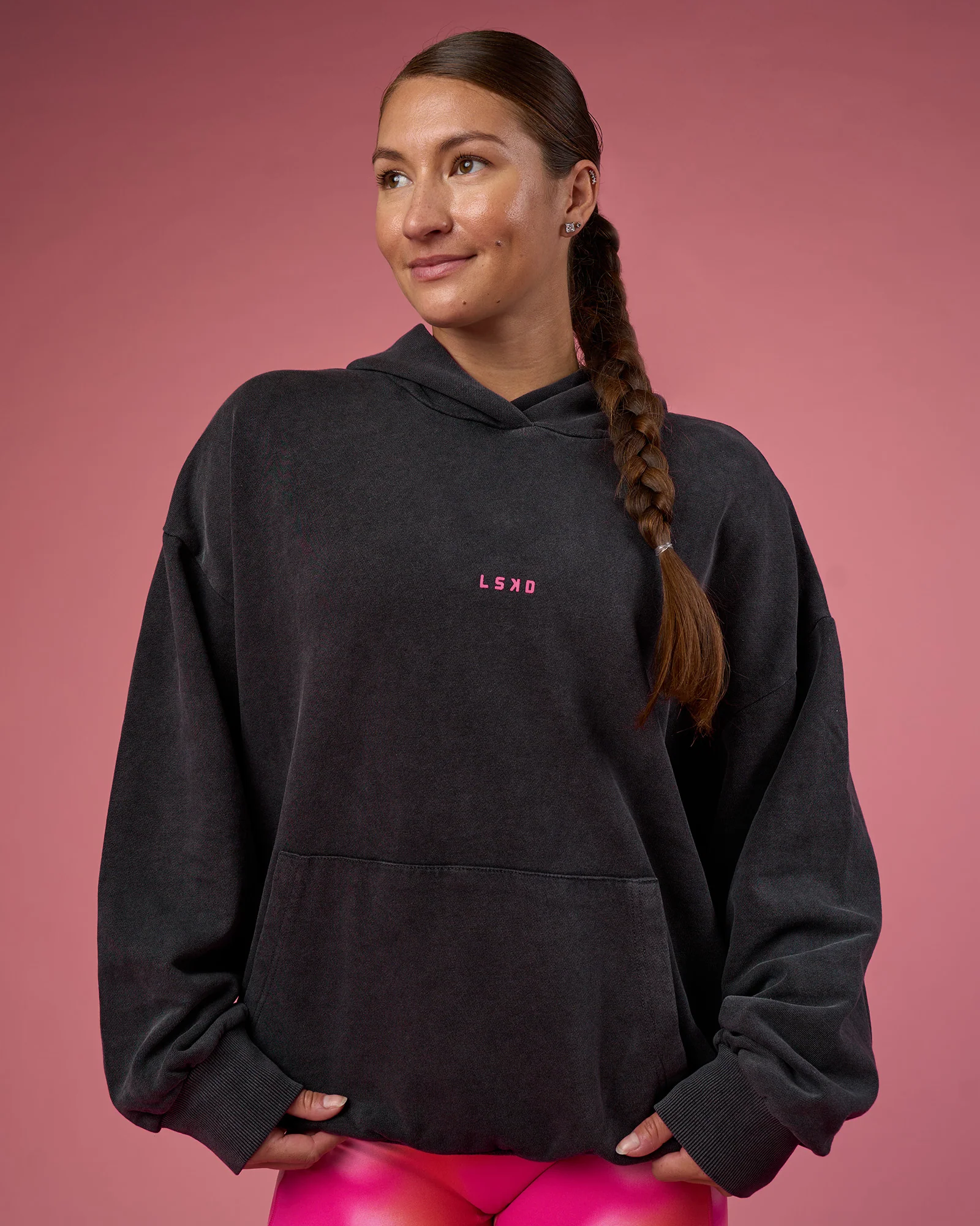 BCAM Washed Unisex Oversized Hoodie - Black Washed-Pink - Image 6