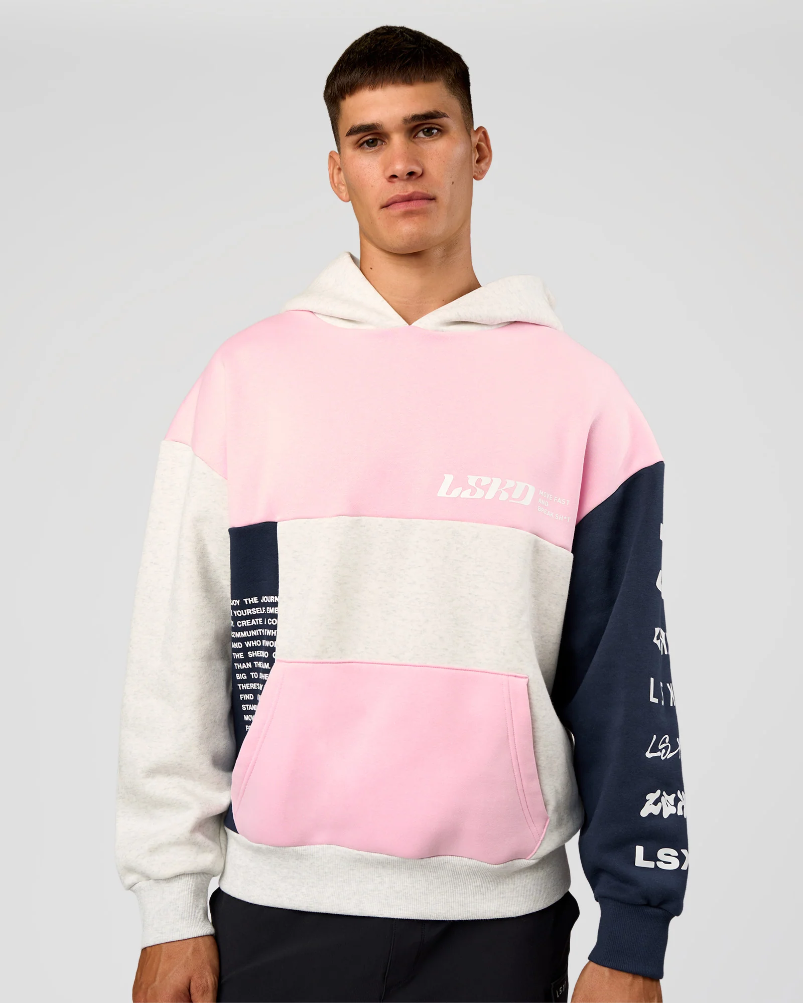 Deconstructed Fleece Hoodie - Grey Marl-Marshmallow-Navy - Image 2