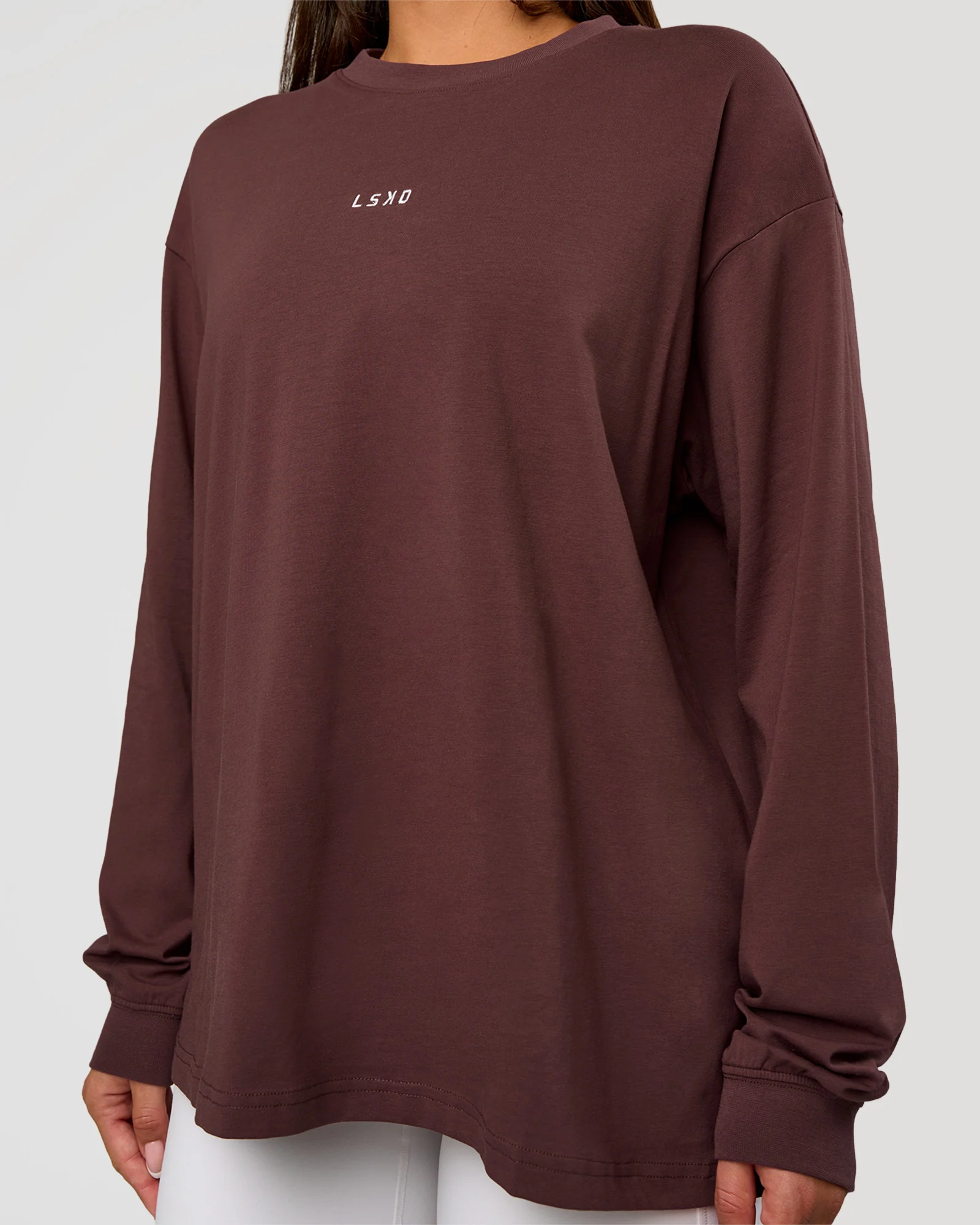 Go-To Long Sleeve FLXCotton Oversized Tee - Cocoa Powder-White - Image 6