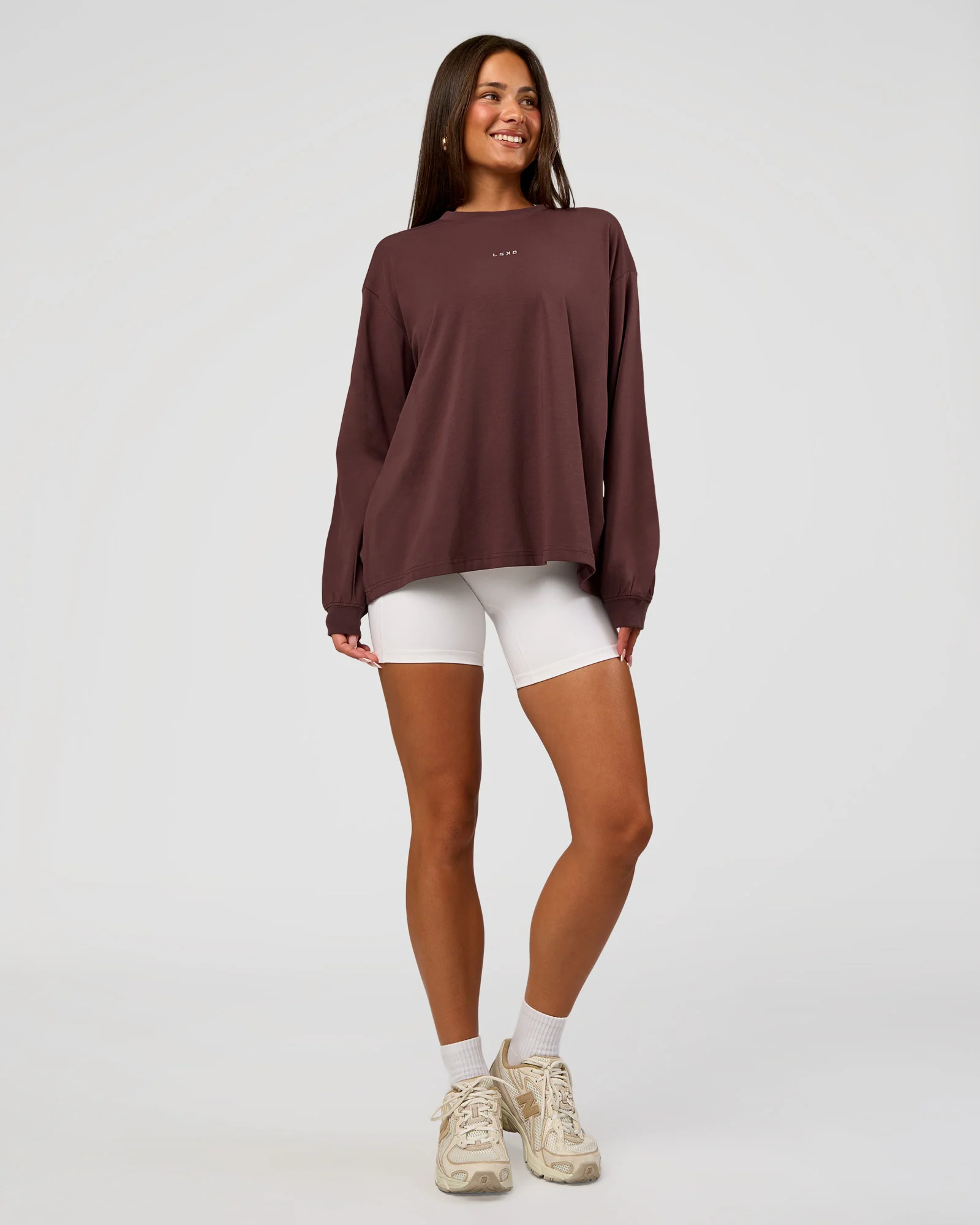 Go-To Long Sleeve FLXCotton Oversized Tee - Cocoa Powder-White - Image 7