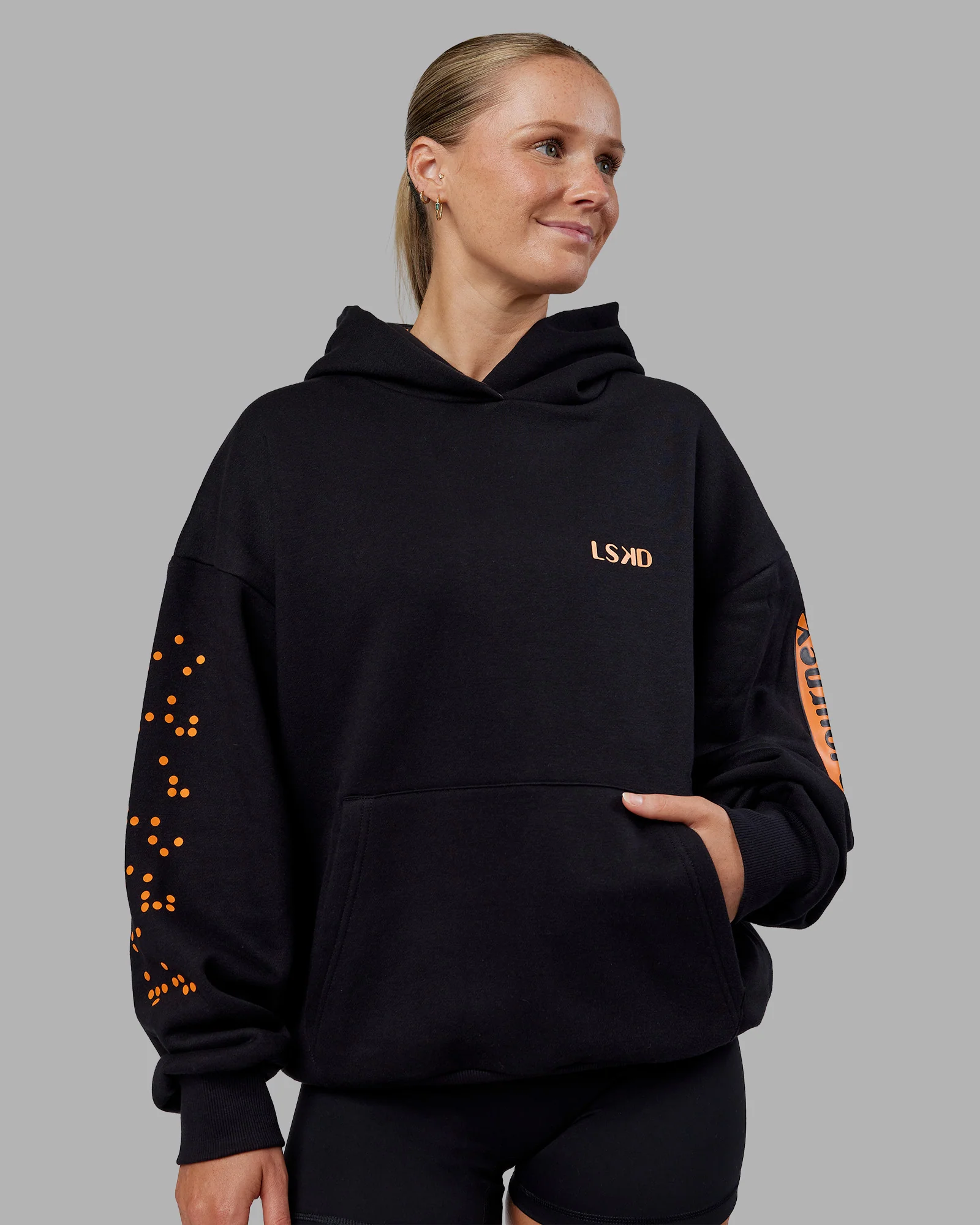 Hyped Unisex Oversized Hoodie - Black-Vibrant Orange - Image 3