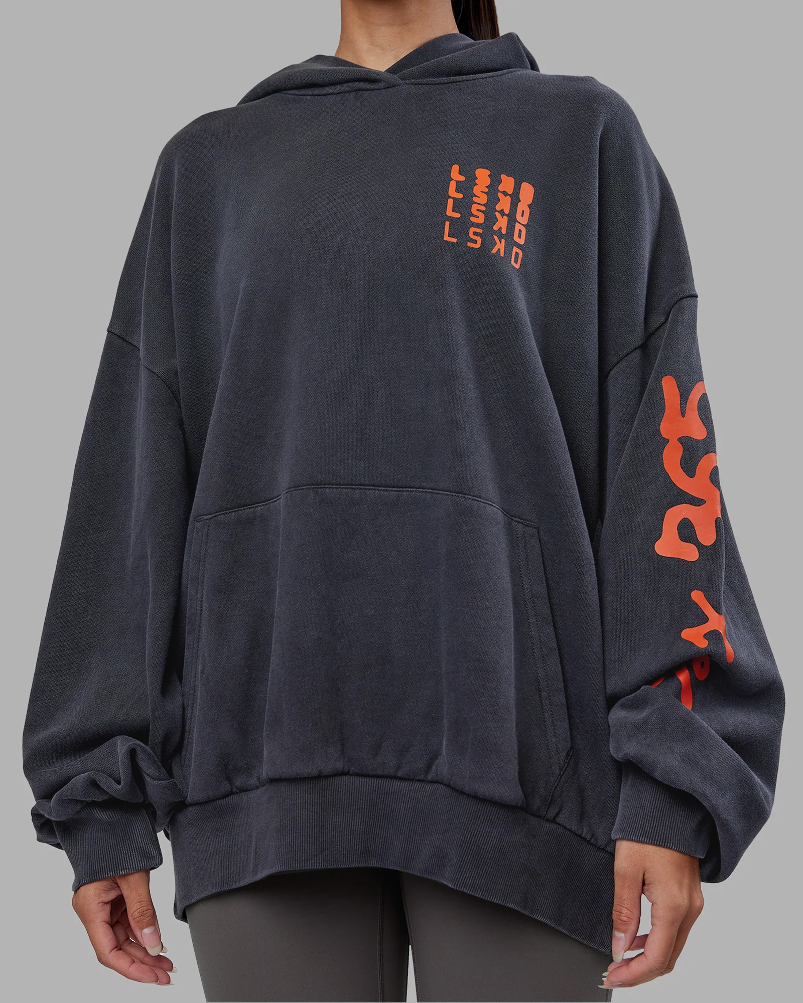 Journey Washed Unisex Oversize Hoodie - Black-Ultra Orange - Image 12