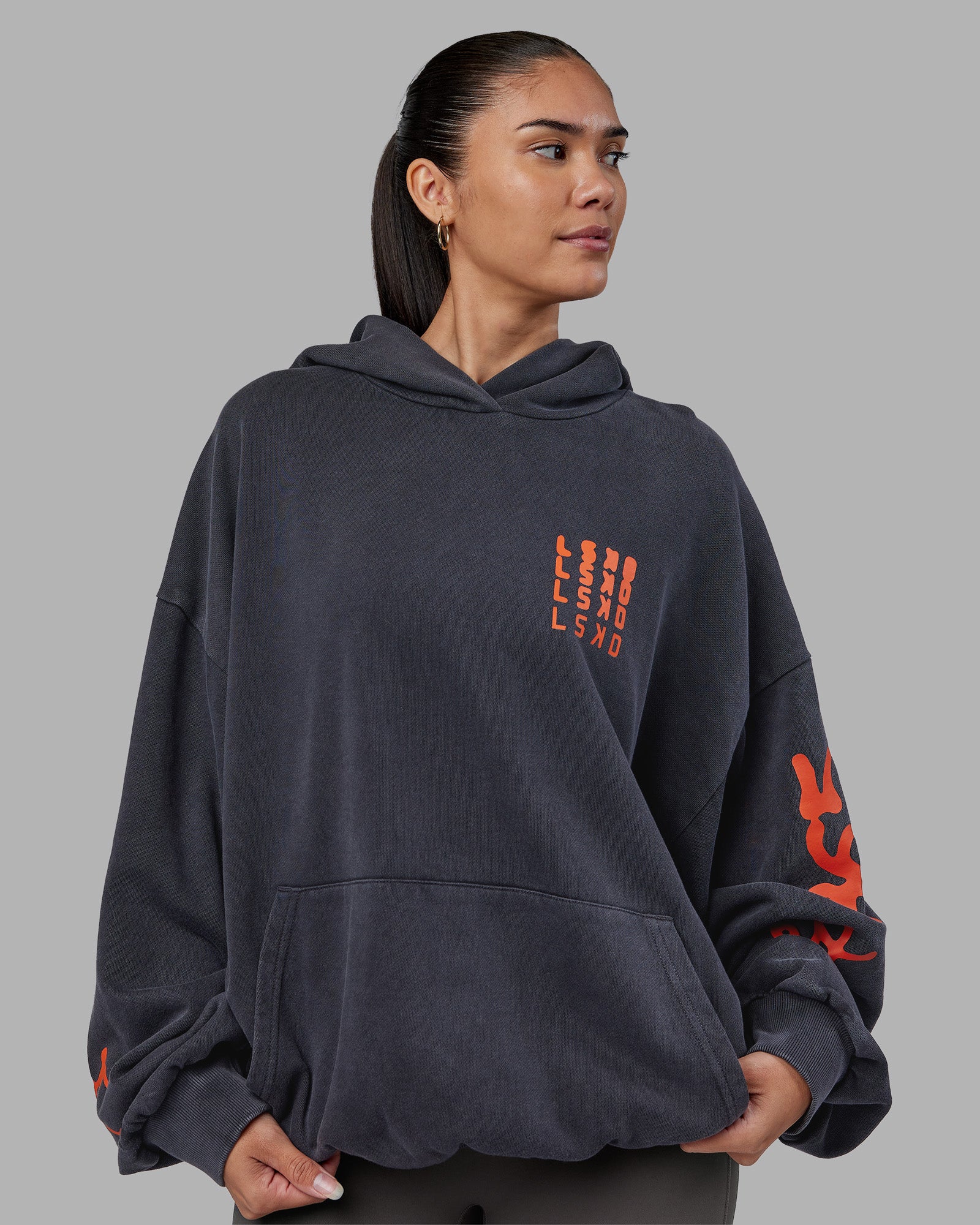 Journey Washed Unisex Oversize Hoodie - Black-Ultra Orange - Image 3