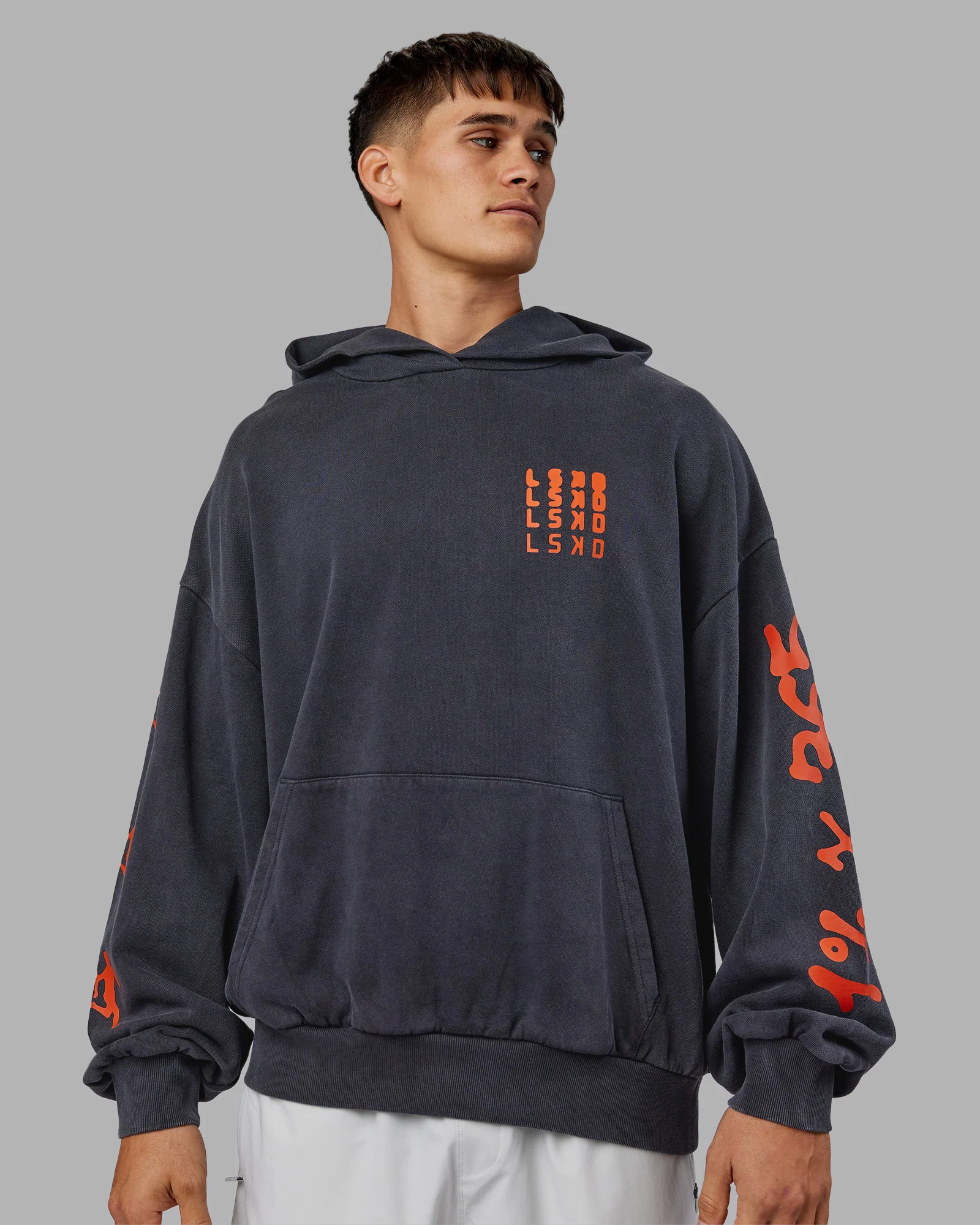 Journey Washed Unisex Oversize Hoodie - Black-Ultra Orange - Image 5