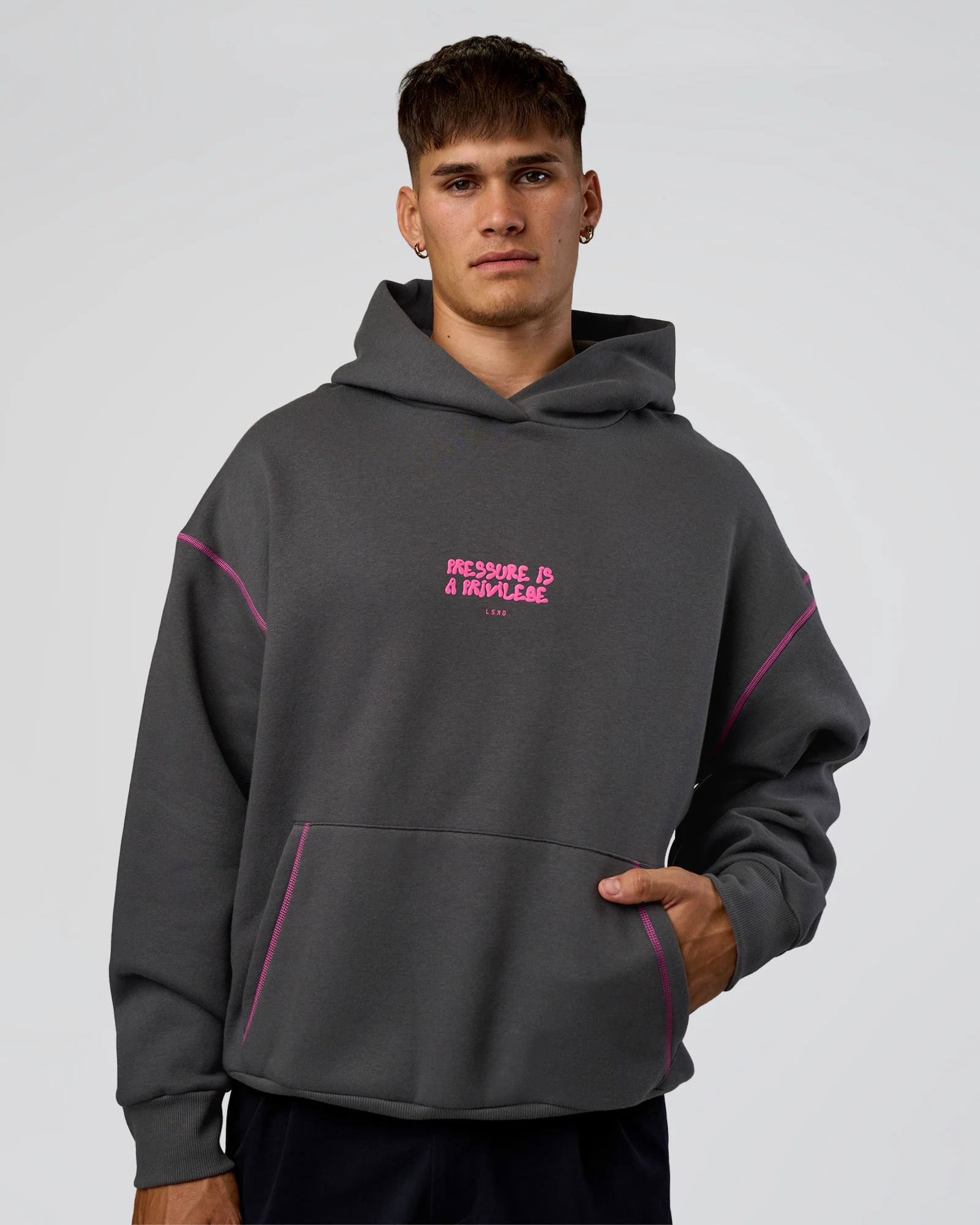 Pressure is Privilege Oversized Hoodie - Dark Storm-Ultra Fuchsia - Image 3