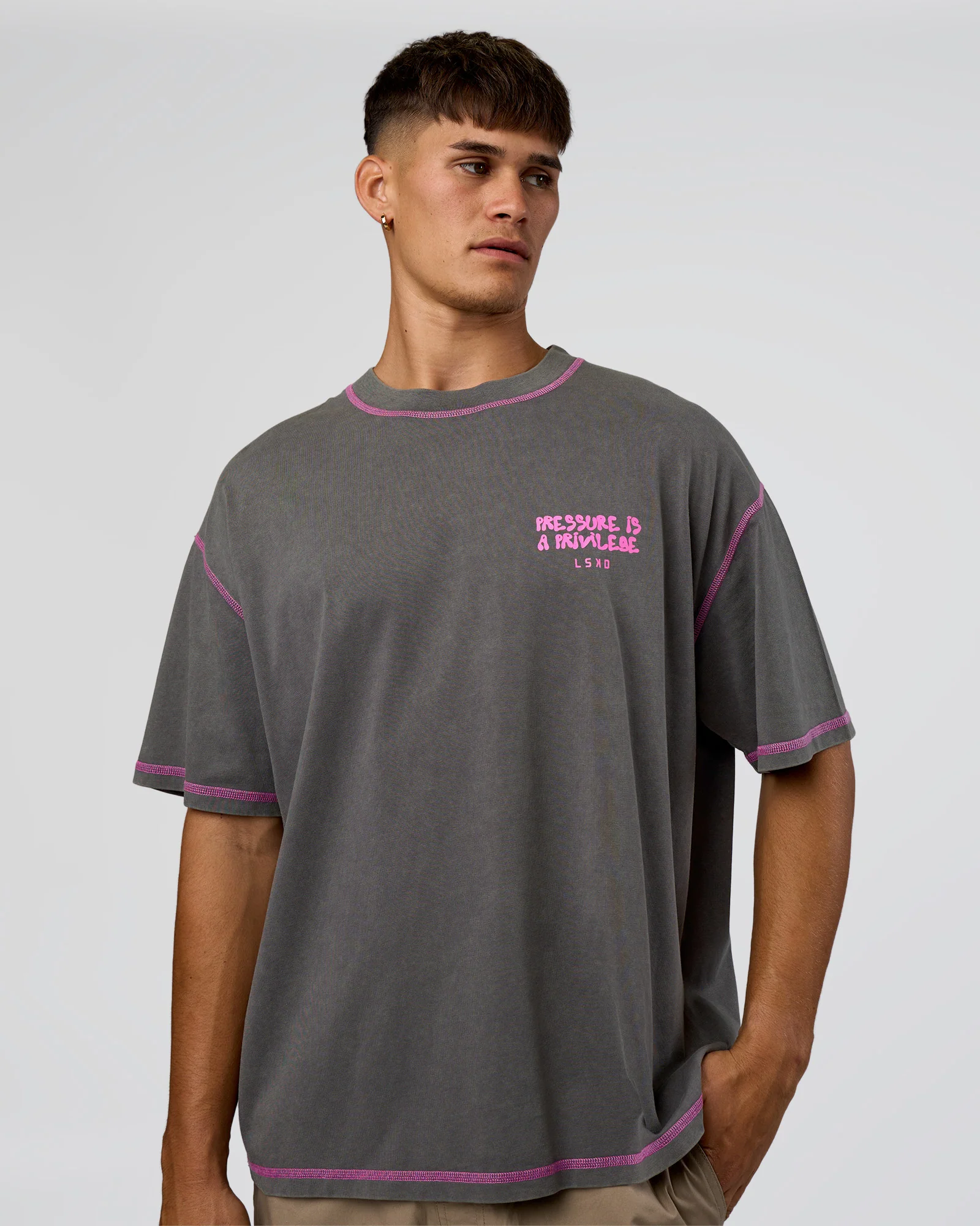 Pressure is Privilege Oversized Tee - Dark Storm Washed-Ultra Fuchsia - Image 3