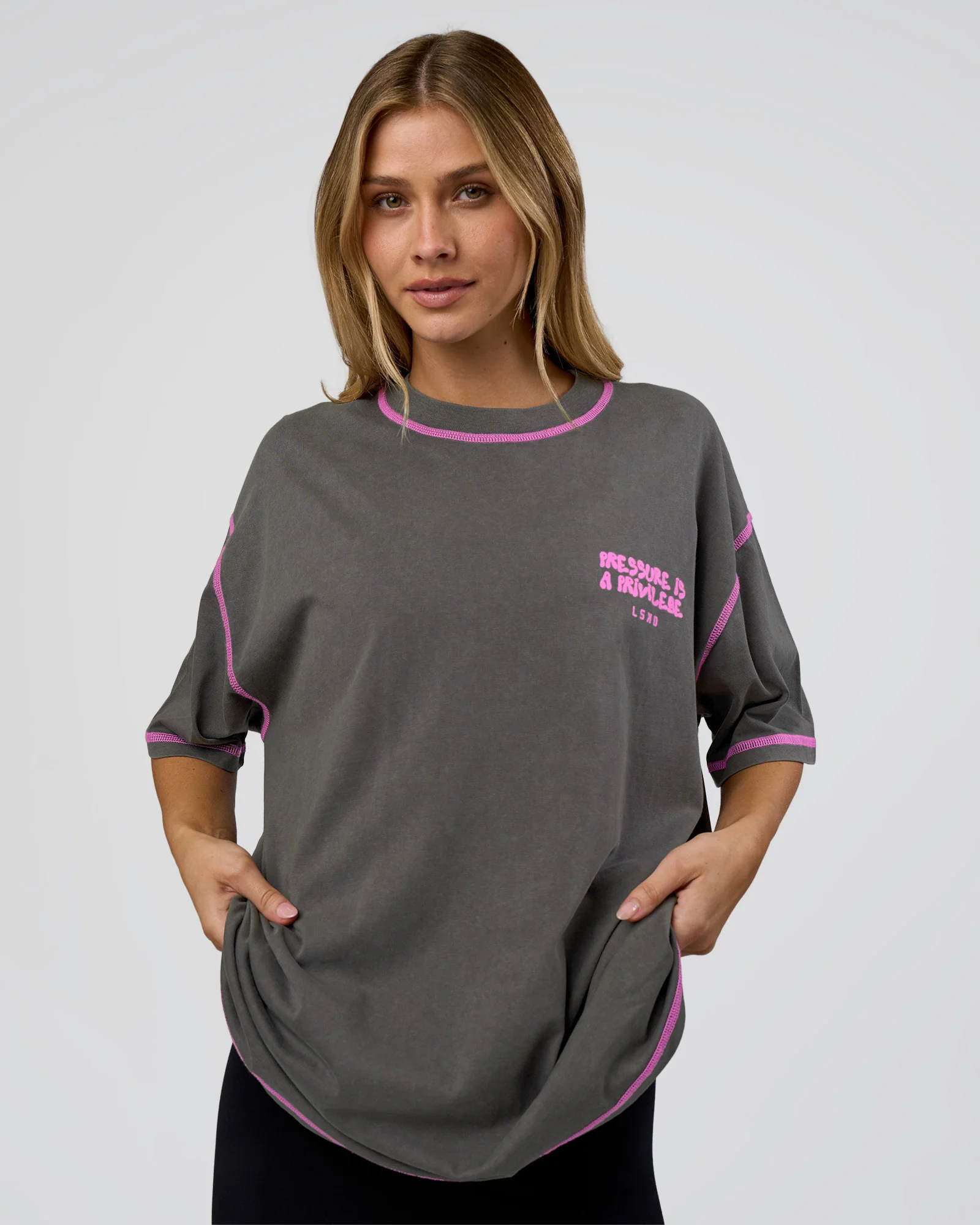 Pressure is Privilege Oversized Tee - Dark Storm Washed-Ultra Fuchsia - Image 5
