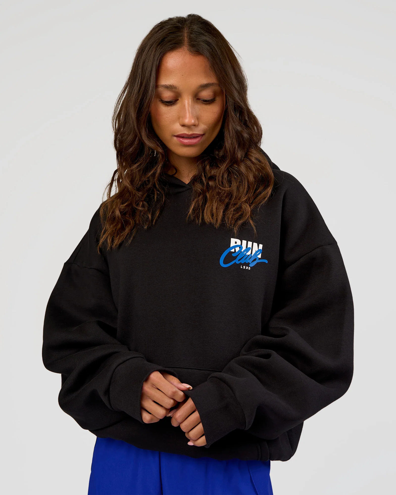 Run Club Script Oversized Hoodie - Black-Palace Blue - Image 5