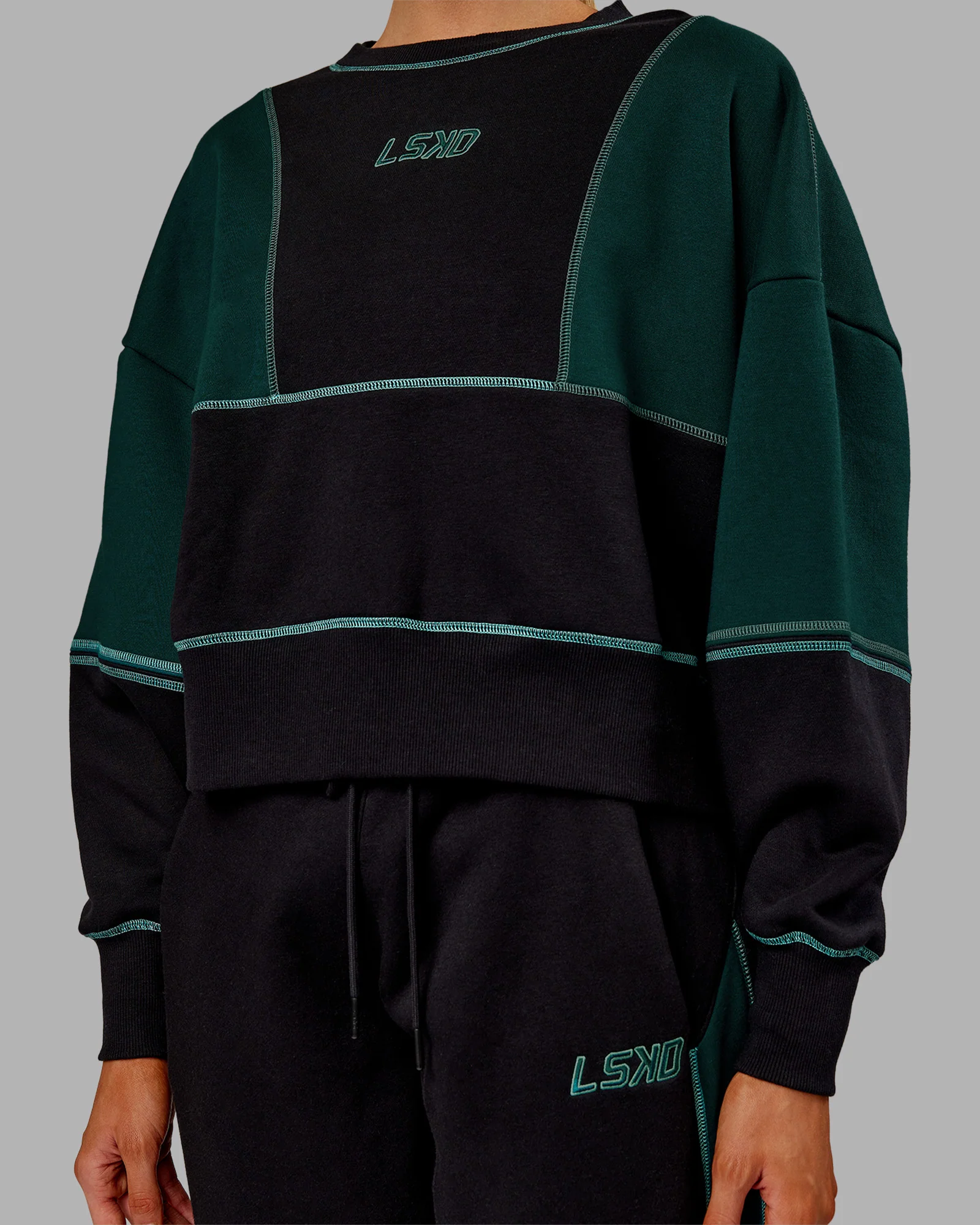 Stitch Up Oversized Fleece Sweater - Black-Dark Moss - Image 7