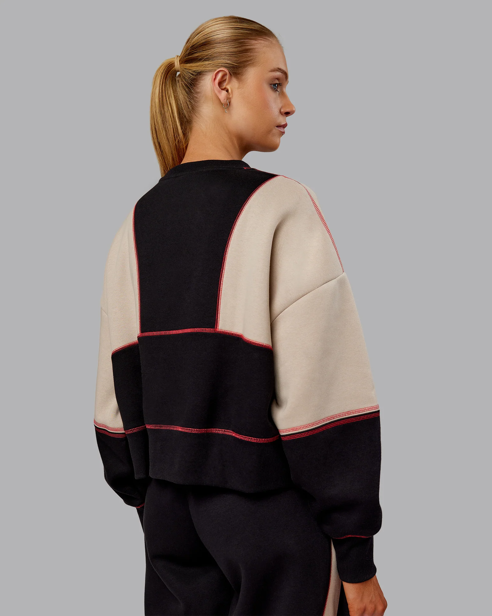 Stitch Up Oversized Fleece Sweater - Black-Shale Beige - Image 3