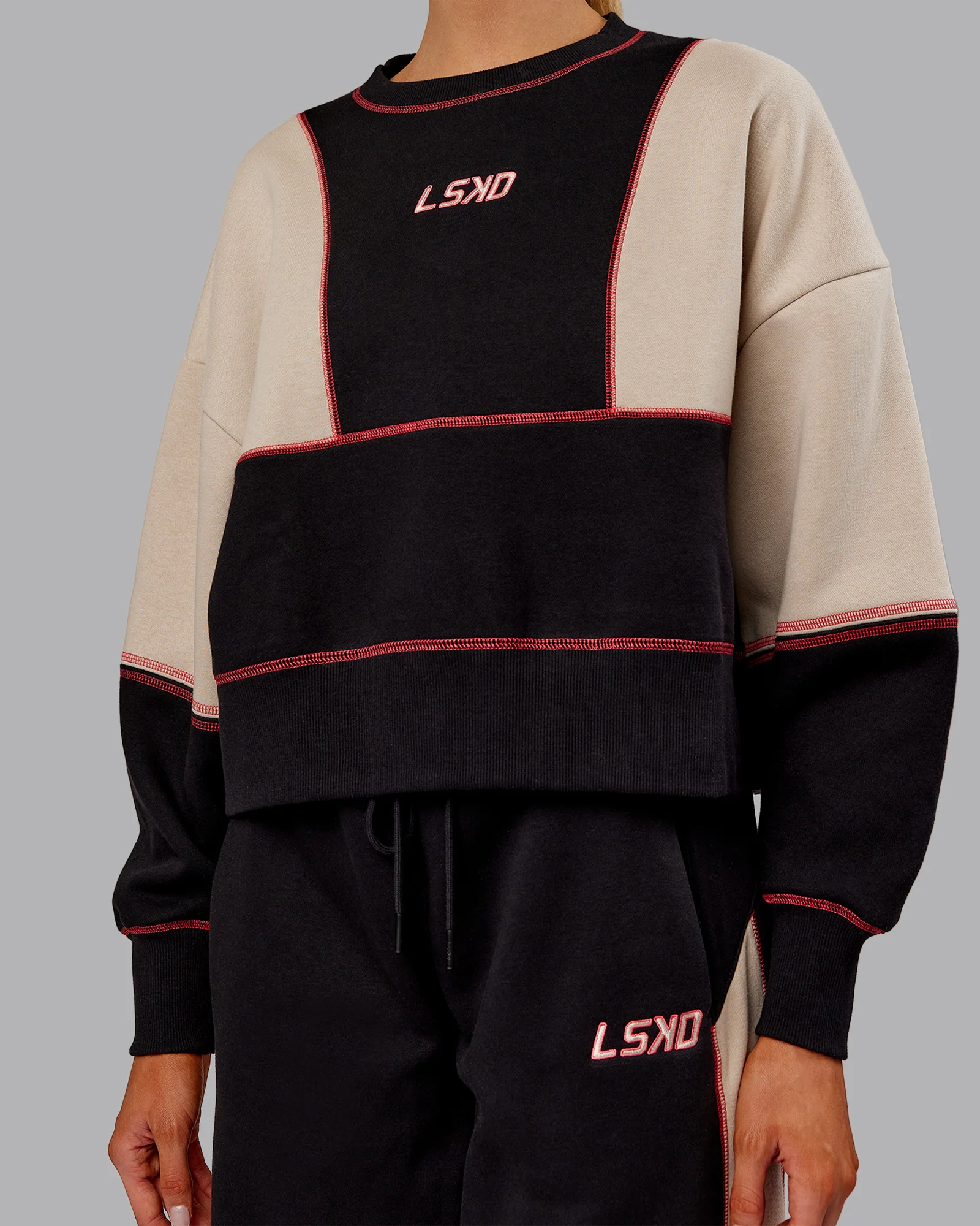 Stitch Up Oversized Fleece Sweater - Black-Shale Beige - Image 7