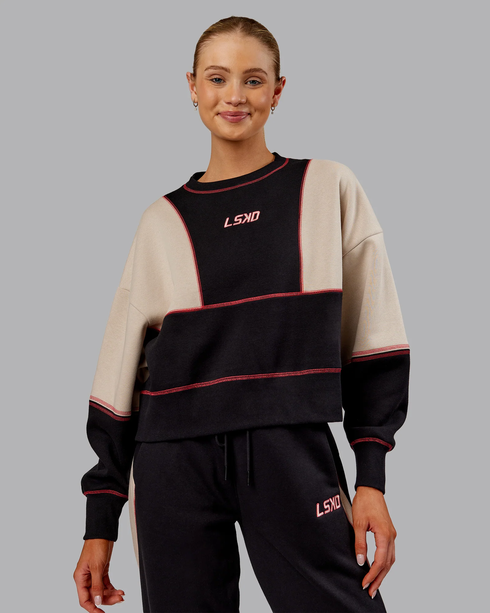 Stitch Up Oversized Fleece Sweater - Black-Shale Beige - Image 8
